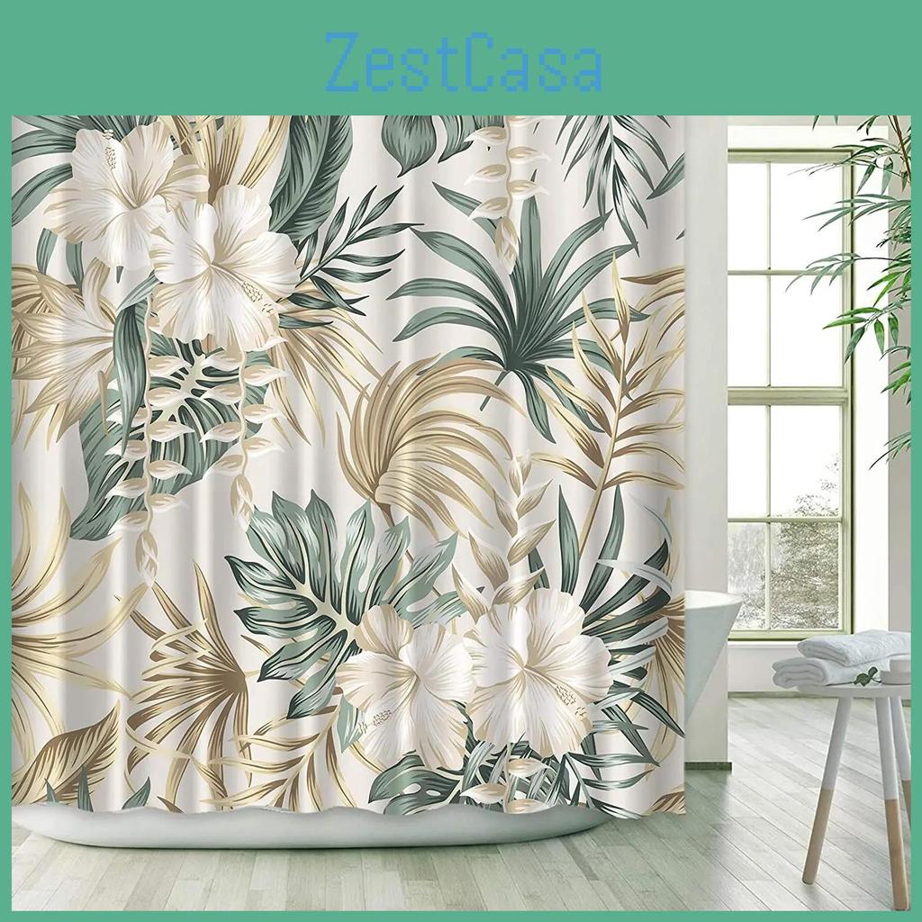 Green Palm Leaf Plant Tropical Bathroom Shower Curtains Summer Jungle Fabric Waterproof Hooks Hanging Curtain Bath Screen Decor