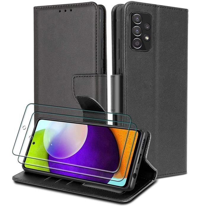 Coque pour Samsung A53 5G (6.5") +Pack 2 Verres Trempés. Coque Fermeture Magnétique Design Effet Cuir Solide Élégant Noir