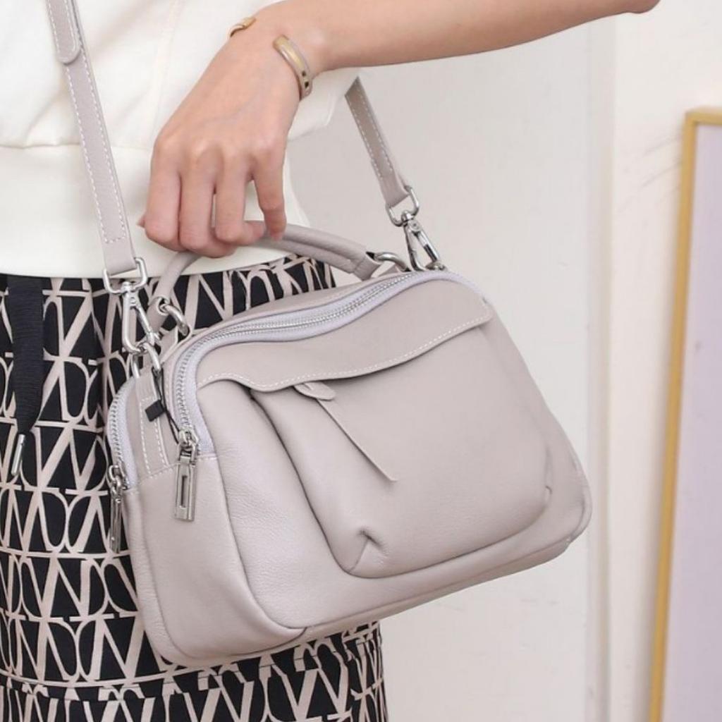 First Layer Cowhide Small Square Bag Crossbody Mobile Phone Change Popular Apple Bag Women's Shoulder Practical Solid Color Leather Bag Soft