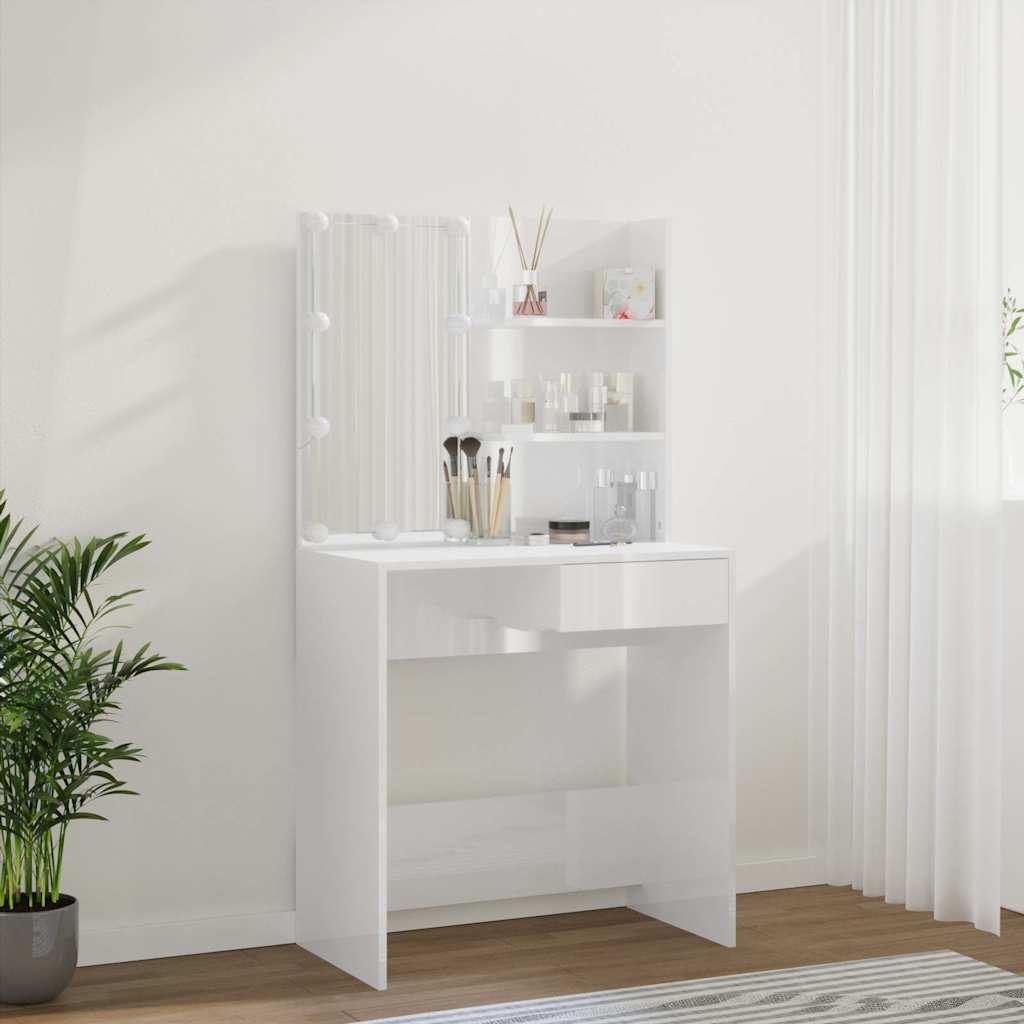 Makeup Table with LED Lights High Gloss White 74.5 x 40 x 141 cm