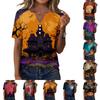 Womens Casual Halloween Printed V Neck Short Sleeve Button Down T Shirt Top for Daily Wear Holiday Party Outfit