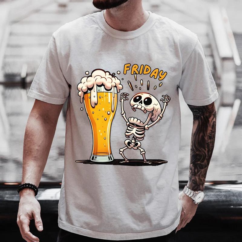Summer Hot Beer Fun Skull Printed T-Shirt Men's Fashion New Large Size T-Shirt Casual Fashion O Neck Short Sleeve Tops