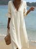 Boho vyšívaný V-výstřih Lněný plážový kaftan Bavlněné šaty pro ženy