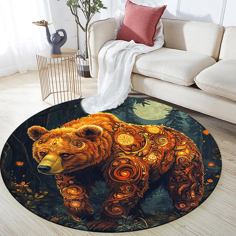 Golden Bear Round Area Rug,Carpet Rug for Living Room Bedroom Sofa Playroom Decor,Non-slip Floor Mat