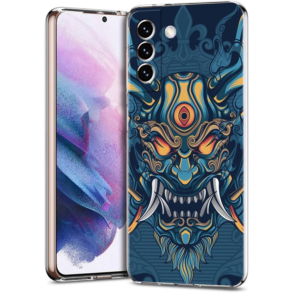 Japan Samurai Oni Mask Transparent Cover for Samsung Galaxy S24 S23 S22 S20 S21 FE Ultra S24 S23 S10 S9 Plus Soft TPU Phone Case