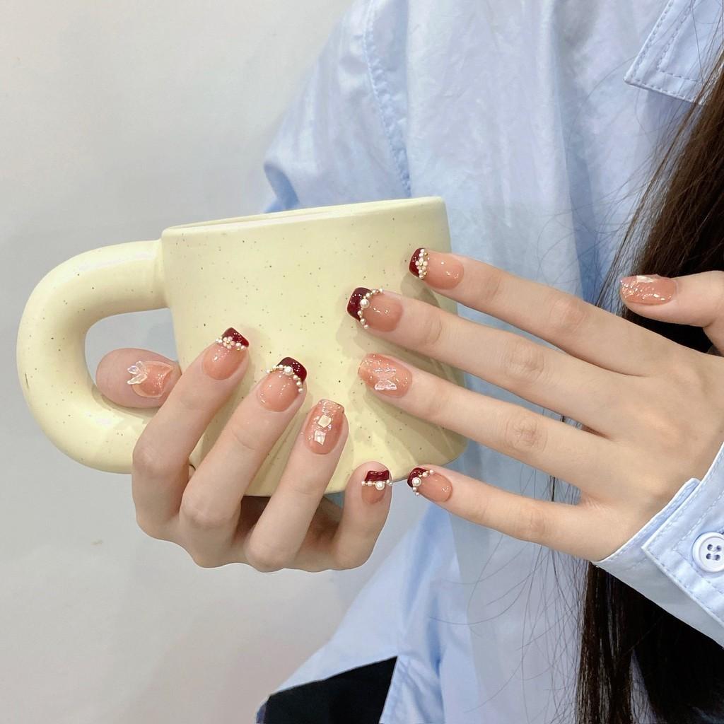 HANDMADE Artificial Nail Icy Butterfly French Pearl Necklace Phototherapy Nails Fake Nails Reusable and Removable Nails