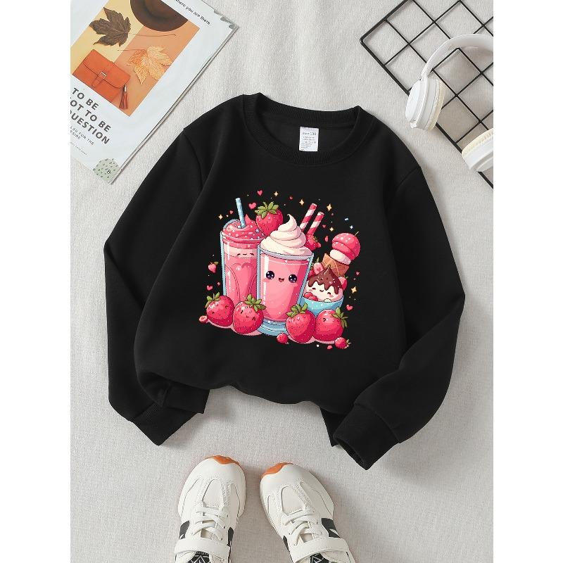This Valentine'S Day, Girls Can Enjoy a Cozy Long-Sleeve Crewneck Sweatshirt Featuring Adorable Strawberry Drinks with