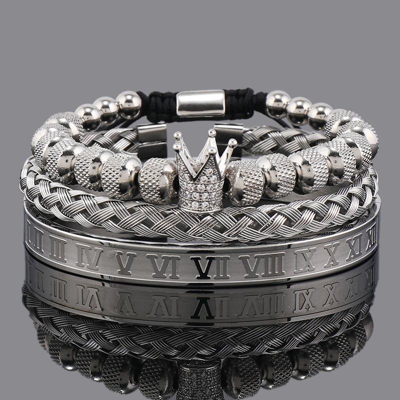 Set di Lusso Ciondoli Corona Bracciale Uomo Acciaio Inossidabile Romano Braccialetti Donna Gioielli per le Mani Regalo di San Valentino