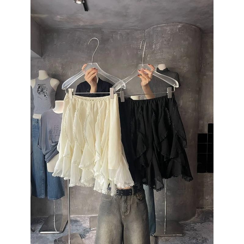 Womens Lace Trim Tiered Chiffon Mini Skirt OneSize чёрный