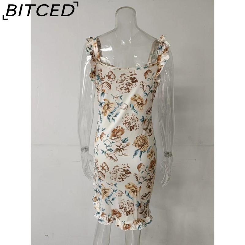 BITCED Summer Women Floral Print Butterfly Sleeve Bodycon Dress Ruffle V Neck Bandage Casual Short Sundress Female Beach Spaghetti Strap Mini Dress