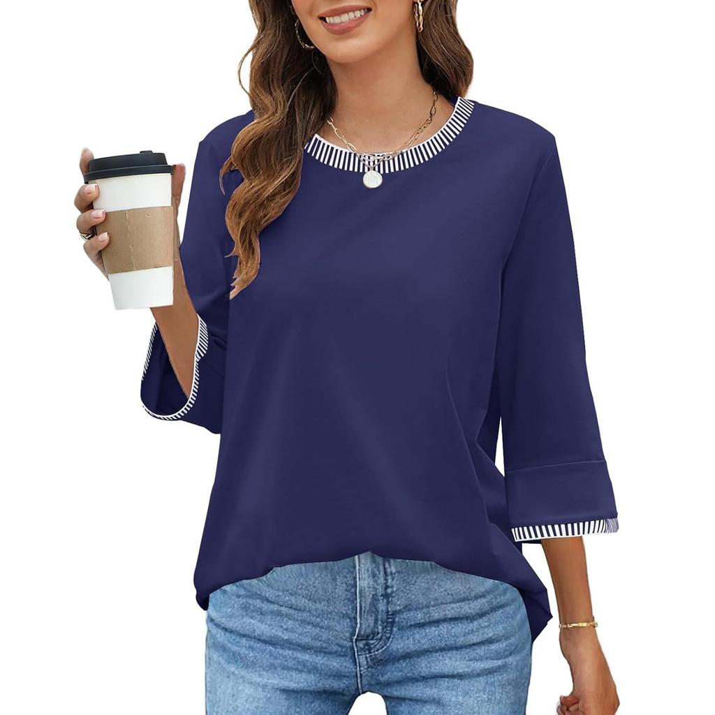 Women's Fashion Loose Round Neck Clashing Colour T-Shirt Seven Sleeve Top