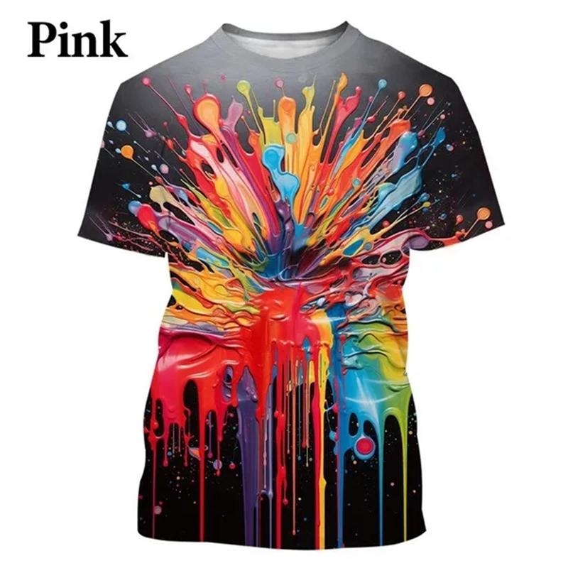 Camiseta colorida com estampa 3D de arco-íris e respingos de tinta para homens e mulheres, roupas da moda, camisetas, gola redonda, manga curta, camisetas