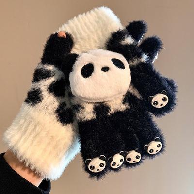 Süßer roter Panda Plüsch gestrickte Fünf-Finger-Handschuhe für Damen im Winter, Studenten können Elektrofahrzeuge fahren, um sich warm zu halten und dicker