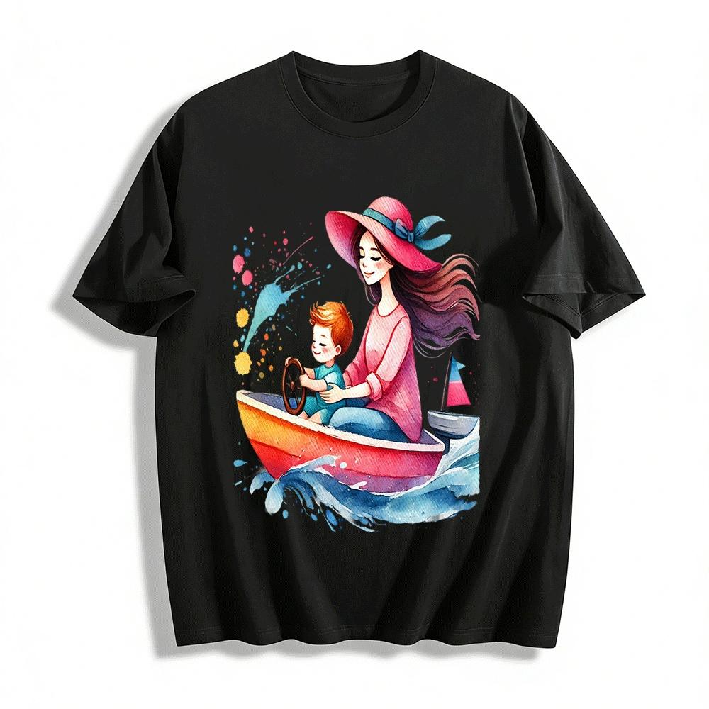 Parent Child Sailing Time Warm Print Casual T-shirts For All Ages Pure cotton T-shirt XXS