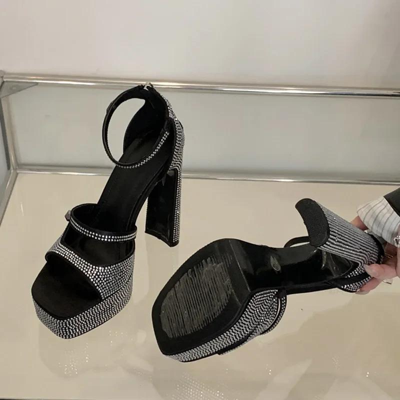 Luxury Designer Crystal Rhinestone Square High Heels Women Fashion Chunky Platform Sandals Summer Sexy Open Toe Party Prom Shoes