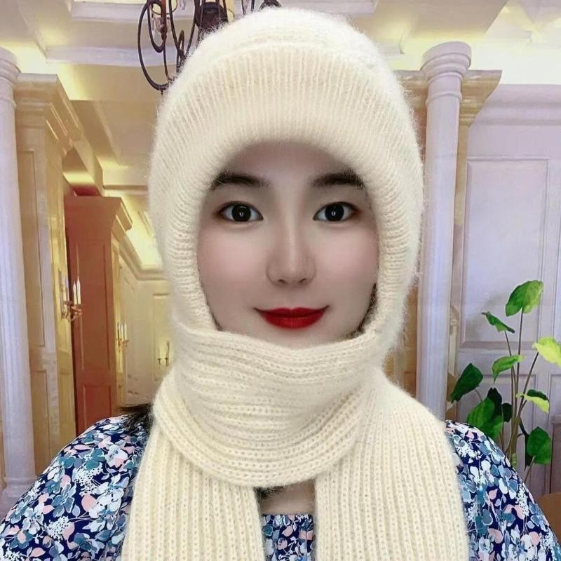 Hat Autumn and Winter Women's Cold-proof Hat, Scarf Integrated Middle-aged Mother Hat, Warm Hat, Ear Protection, Wind and Cold Wind and Snow Hat