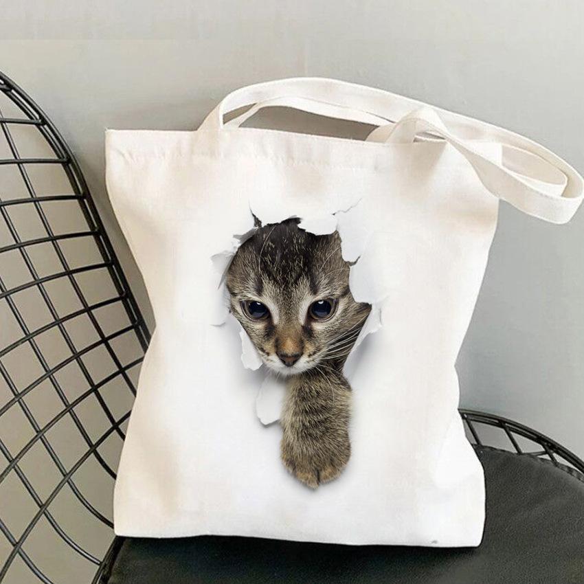 3D Realistic Cute Kitten Print Large Capacity Canvas Tote Bag for Students