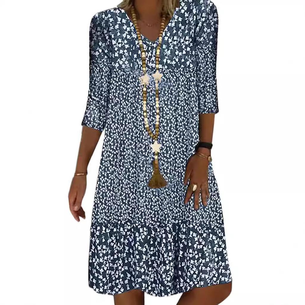 Summer Womens 3d Printed Polyester Vneck Midi Dress With Short Sleeves For Casual Wear