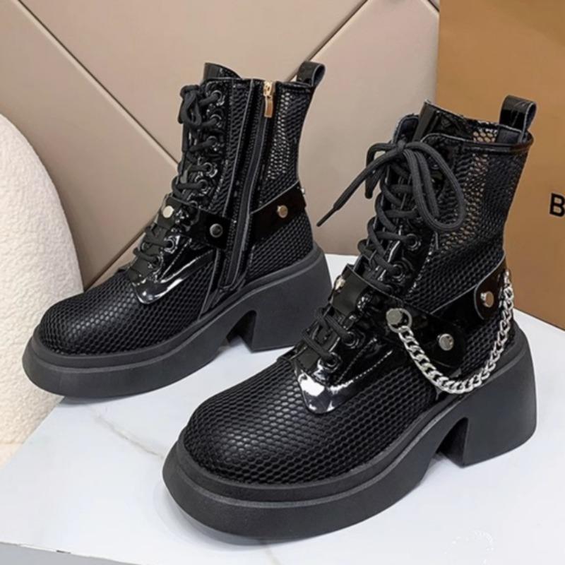 

Women s Fashion Cool Boots Fashion Round Head Mesh Breathable Front Lace-up Metal Chain Waterproof Platform Heels 40