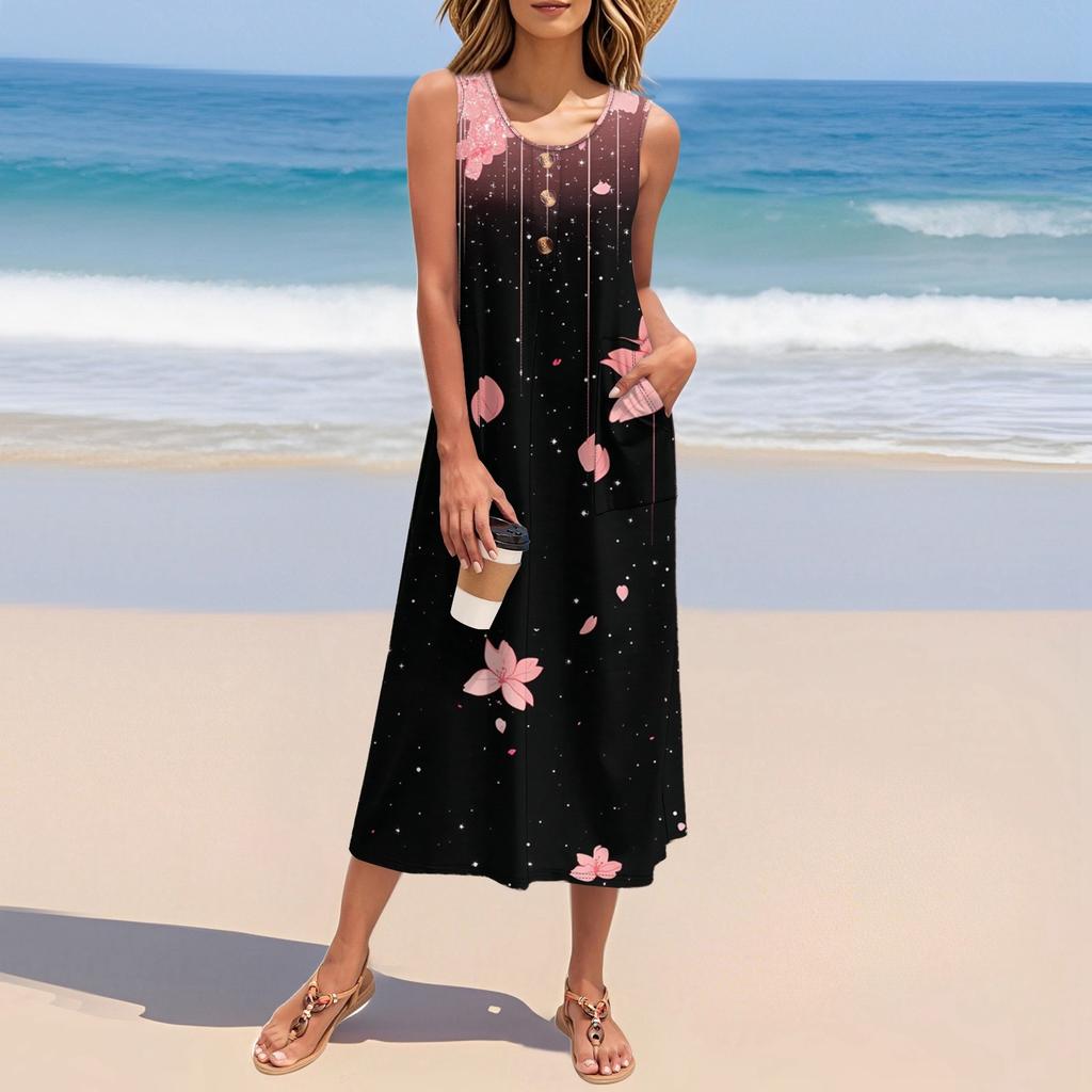 Women's Summer Vintage Floral Patchwork Print Dress Sleeveless Button Down Casual Loose Long Beach Sundress