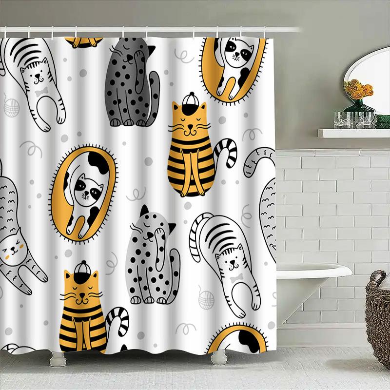 Tenda da Doccia con Stampa Cartoon Moderna Set Decorazione Bagno Gatti Cani Carini Per Decorazione Bagno di Casa A Strisce Bianche Grigie Gialle Nere