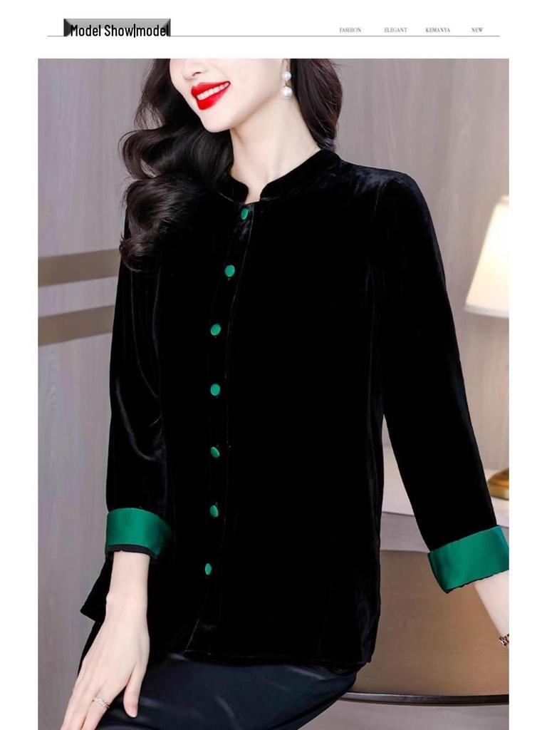 Damenmantel aus schwarzem Samt - Neuer chinesischer Stil Frühling/Herbst Lockerer Cardigan