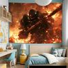 2D Burning Battle Scene Tapestry Armored Fantasy Warrior with Hammer Wall Decor Cloth for Home & Bedroom