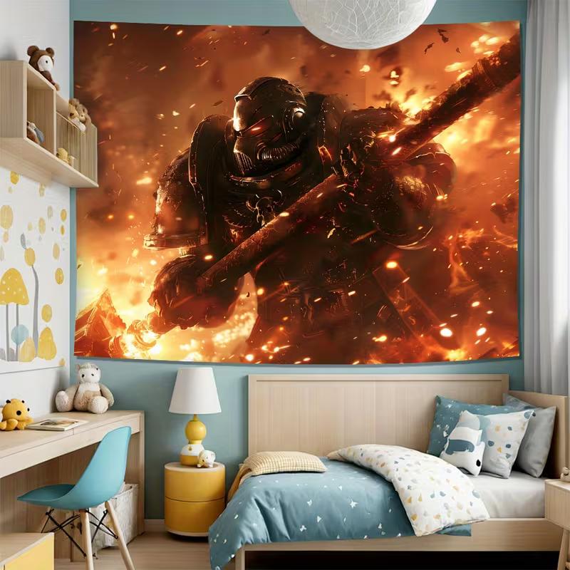 2D Burning Battle Scene Tapestry Armored Fantasy Warrior with Hammer Wall Decor Cloth for Home & Bedroom