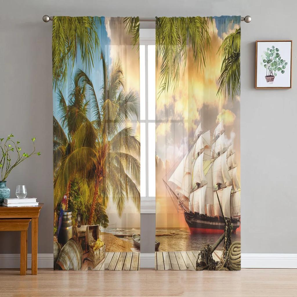Tropical Arbor Pirate Ship Plank Tulle Window Curtains Living Room Organza Sheer Voile Curtain Bedroom Kitchen Home Decor Drape