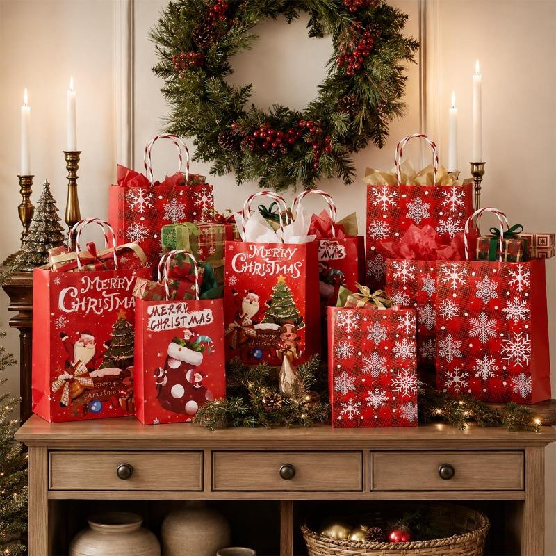 Christmas Kraft Paper Bags Eco Friendly Cookie Packaging Handbags for Kids Candy Snack Storage Xmas Party Decoration Supplies
