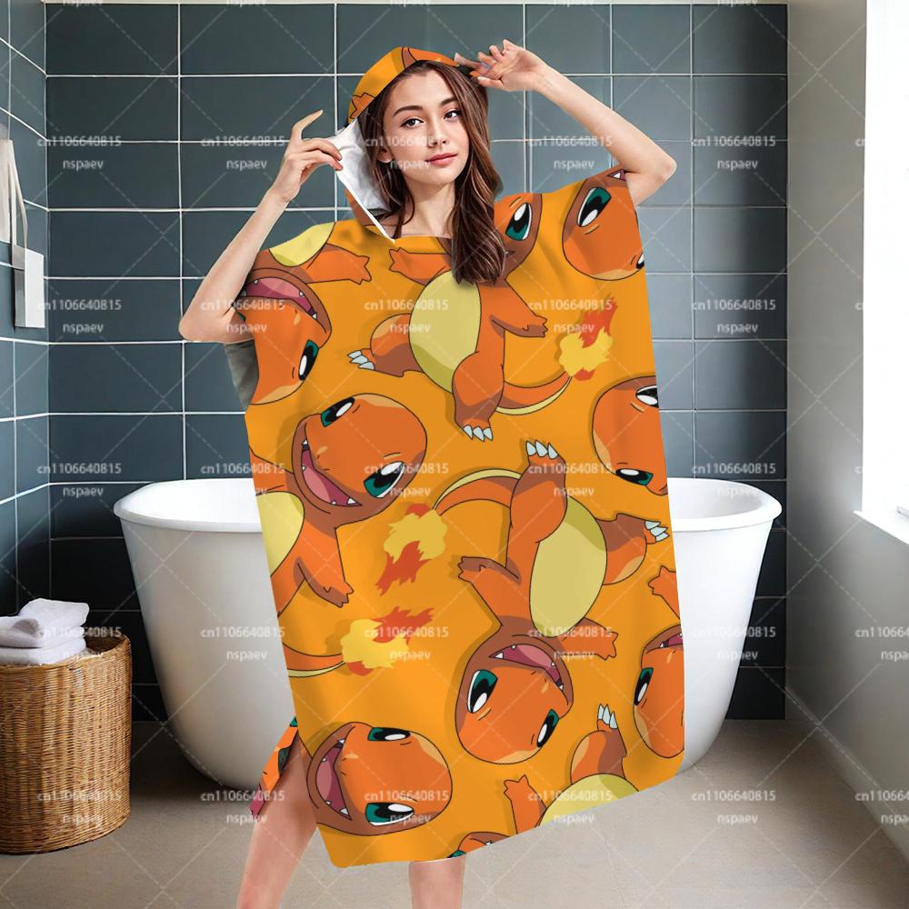 Детский халат-полотенце с капюшоном Pokemon Charmander, Пончо для ванны с мультяшным принтом, Быстросохнущее пляжное полотенце 60X60CM