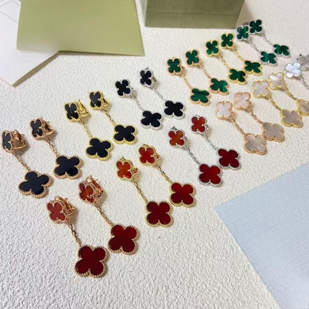 New Arrival Four-Leaf Clover Earrings Two Flowers 18k Rose Gold Black Agate Carnelian Earring Clasp