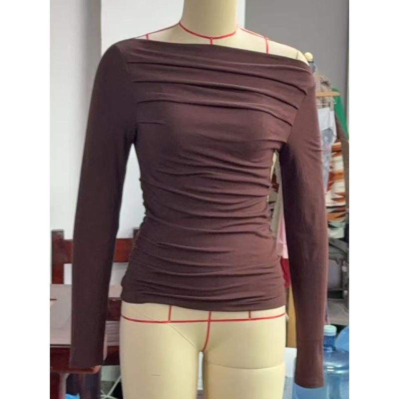 Autumn Base Shirt Slim Fit Pullover Top Slanted Shoulder Long Sleeved Women's T-shirts