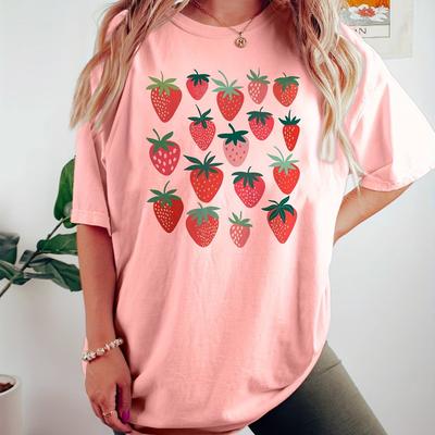 New Fashion Strawberry Printed Round Neck T-shirt for Spring and Summer Unisex's Casual Round Neck Short Sleeve Street Top