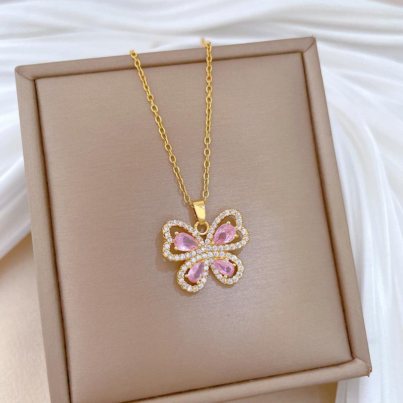 Titanium Steel, Empty Pink Butterfly Light Luxury Temperament Gorgeous Full Diamond Necklace Women'S Versatile Collarbone Chain Titanium Steel Chain