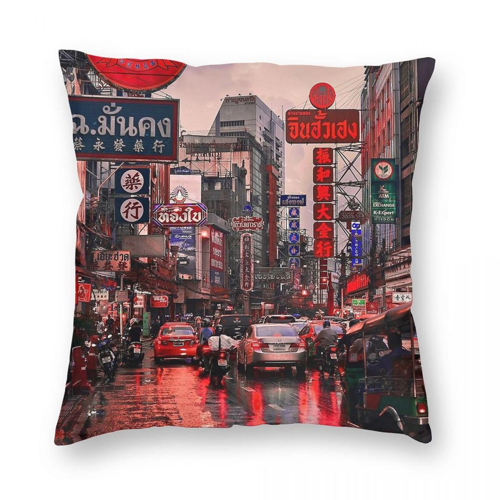 Bangkok Stadt Thailand Kissenbezug Polyester Leinen Samt Bedruckt Reißverschluss Dekorative Wurfkissenhülle Zimmer Kissenbezug