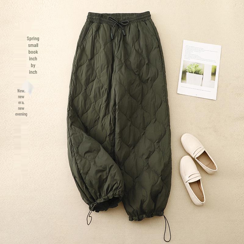 

Women s Winter 2025 Literary Quilted Cotton Pants - Elastic Waist, Windproof, Warm 2XL зелений