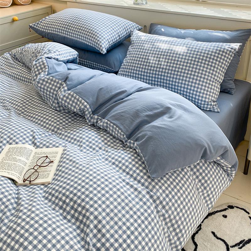 3/4 Pcs Blue Checkered Bedding Set Simple Style Soft Skin Friendly Duvet Cover Flat Sheet and Pillowcases Single Double Bed Sets