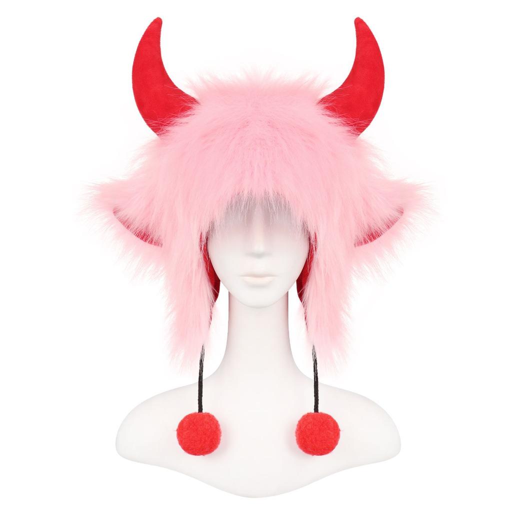 Winter Warm Hat Coral Fleece Halloween Party Hat Ear Hat Polar Fleece Bull Horn Cap For Halloween Party Womens Neck