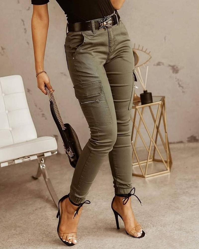 New European & American Women's Low-Waist Jogger Pants - Solid Color, Buttoned, Pocket, Skinny Fit