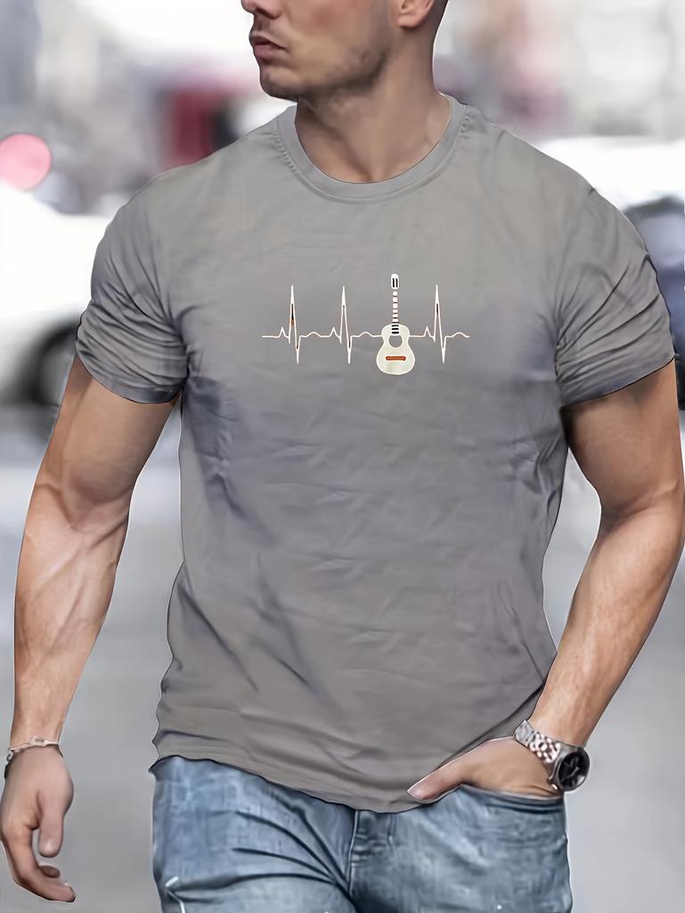 Men's Crew Neck T-shirt, Electric And Heartbeat Pattern Summer Top For Casual And Street Wear