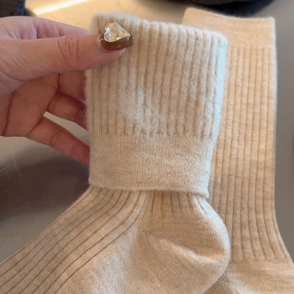 Solid Color Brushed Wool Socks For Women In Winter Thickened And Warm Mid-Leg Socks Are Trendy And Versatile, Wear Stockings Outside