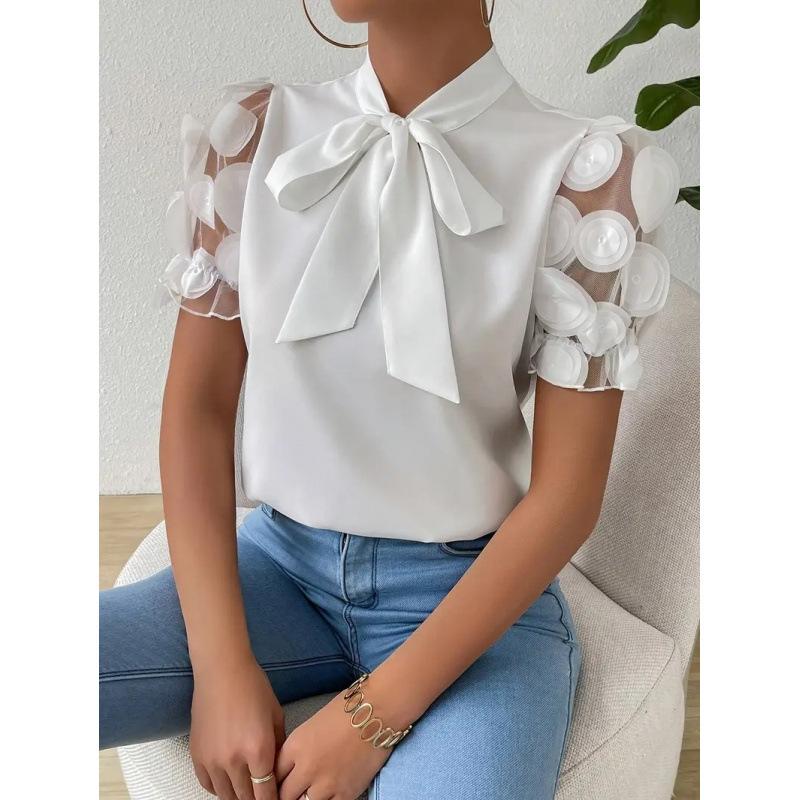 Commuter Solid Color Simple Lace-Up Bow Short Sleeve Shirt Women