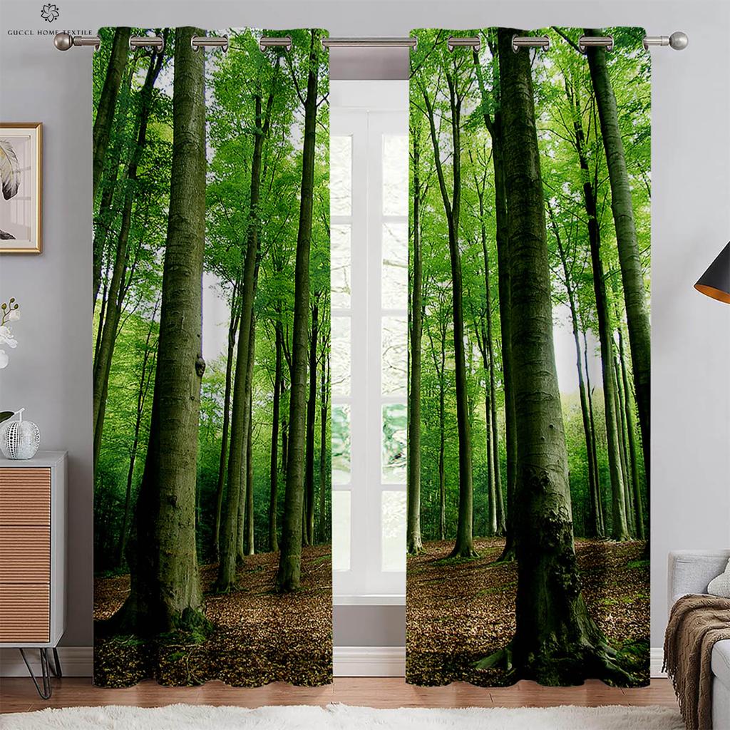 2pcs Forest Scenery 3D Stereo Printing Curtain Grommets 100% Polyester Bedroom Living Room Kitchen Window Decorative Curtains
