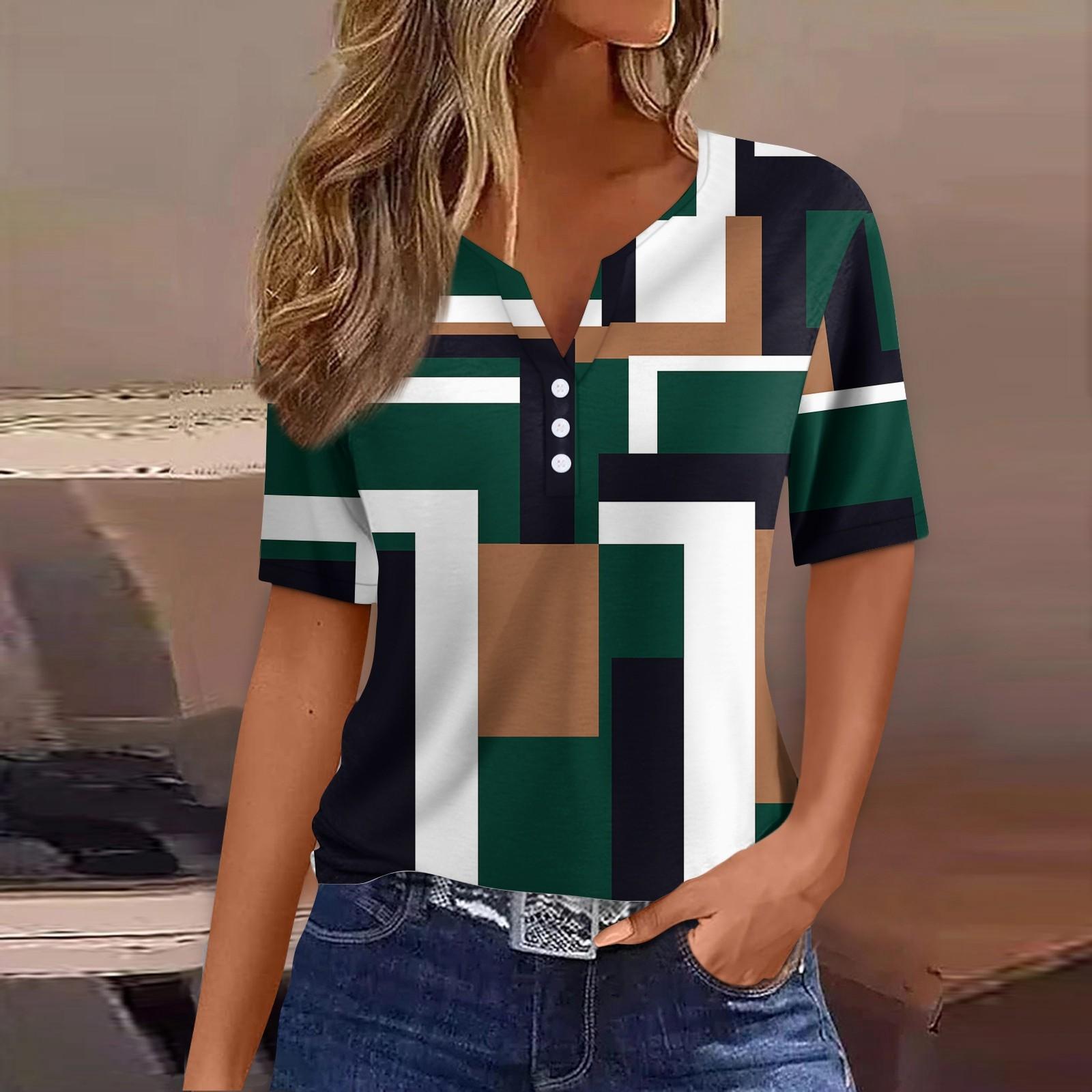 

Жен. Футболка Футболка С принтом Пуговицы С короткими рукавами Повседневные Выходные Мода Классический V-образный вырез Обычный Верх XXXL зелёный