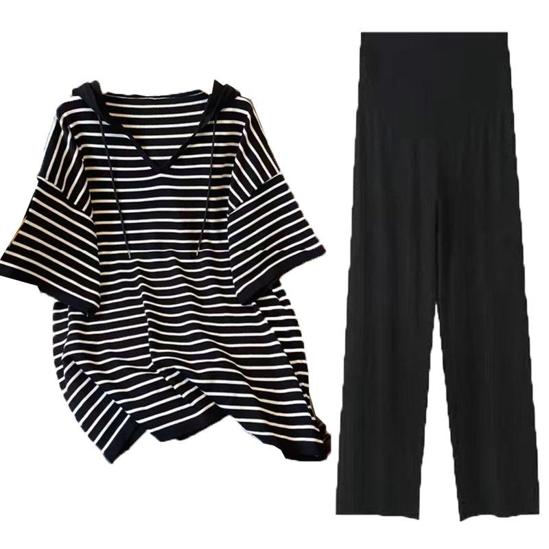 Maternity Clothes Summer Large Size Striped Medium-sleeved Hooded Mi To Cover the Belly and Look Thin Without Showing Off the Trendy Shirt