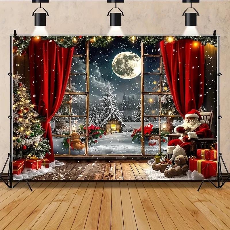Christmas Day Party Decoration Background Cloth Winter Night View Santa Claus Tree Tapestry Home Curtain Polyester
