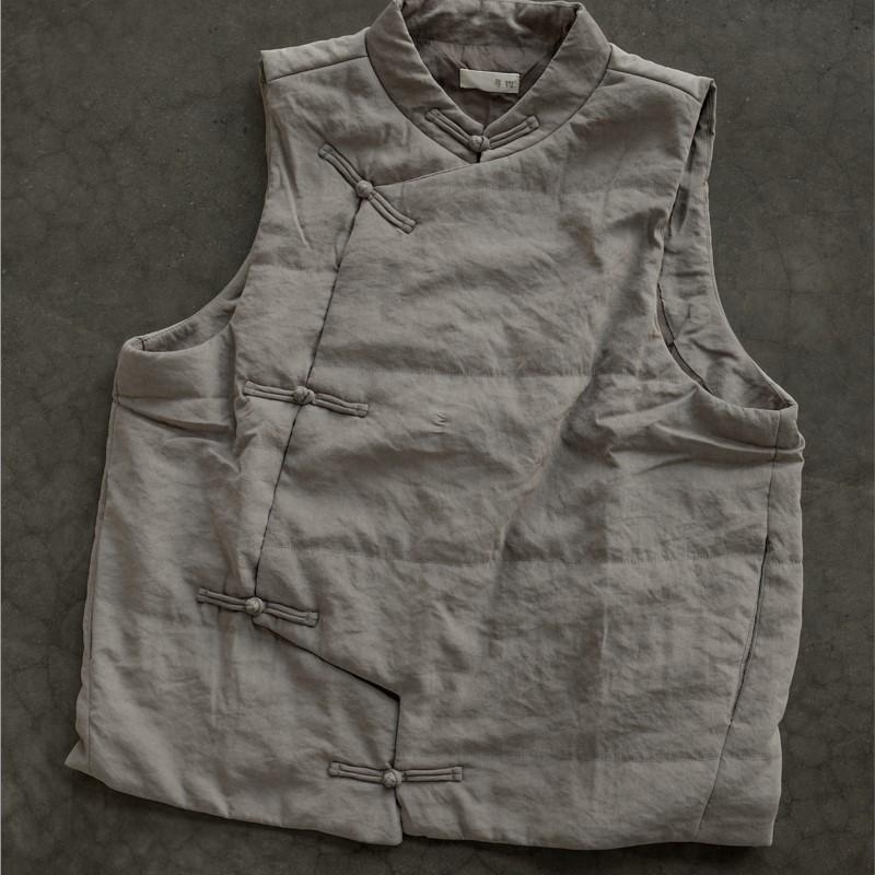 Johnature Women Stand Bead Quilted Vest Retro Polyester Solid Color Loose Padded Coat Winter Sleeveless Button Clothes