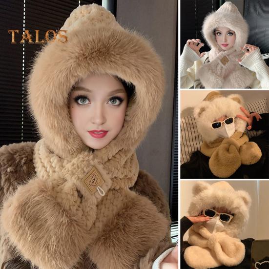 Kvinner Vinter integrert lue og skjerf tykk fleece varm tegneserie bjørn øredekor vindtett full beskyttelse utendørs reise i kaldt vær Snowboard