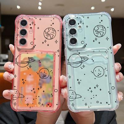 Coque transparente à motif planète mignon avec fente pour carte pour Samsung S24 FE S23 S22 Ultra A16 A55 A15 A35 A54 A34 A14, protection antichoc en silicone souple